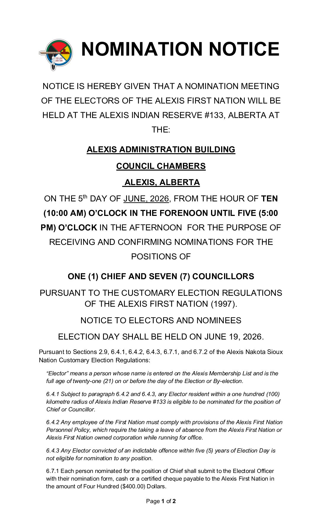 NOMINATION NOTICE 2026